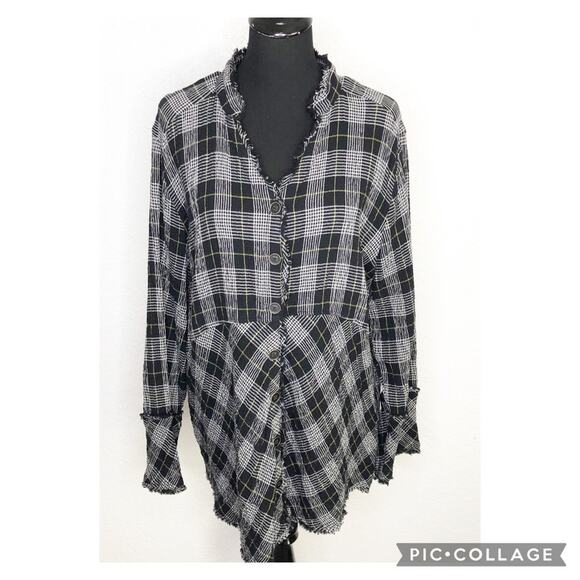 Habitat black white plaid gauze cotton raw hem button tunic top size Large - Picture 1 of 16